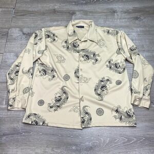 Vintage 90s Y2K Dragon Print Shirt Mens L Beige Rave Streetwear USA Club Asian